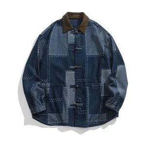 Chaqueta vaquera de retazos estilo chino retro para hombre con cuello de pana cálido.