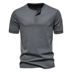 Dark grey Henley shirt detail view, showing button placket and fine cotton texture.