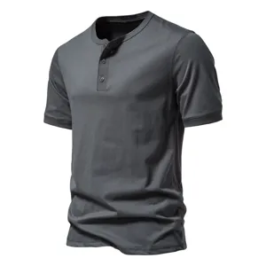 Detail view of mens dark grey short sleeve Henley t shirt featuring button placket.