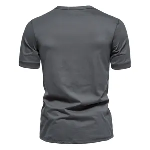 Men's solid dark grey short sleeve T-shirt back detail view, comfortable basic summer wear.