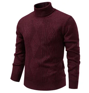 Men's winter thick warm turtleneck cable knit sweater detail view showing texture and fabric quality.