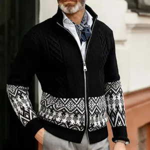 Men's Vintage Cable Knit Cardigan Ethnic Patchwork Stand Collar Full Zip Sweater Fall Winter Casual Long Sleeve Top