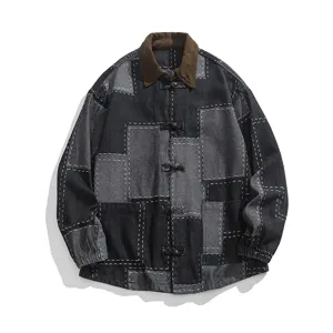 Chaqueta de Mezclilla Patchwork de Estilo Chino Retro para Hombre Ajuste Holgado Lavado Solapa Hanfu Talla Grande Abrigo de Algodón