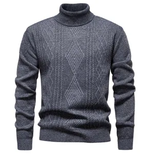 Men's dark grey turtleneck knit sweater, winter thermal pullover with diamond cable pattern.