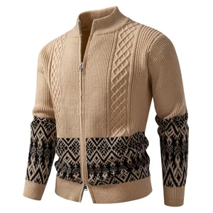 Men's Stand Collar Knit Cardigan Cable Patchwork Ethnic Pattern Casual Zip Sweater