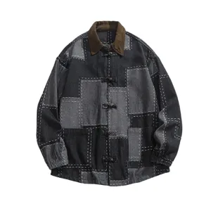 Chaqueta de mezclilla retazos retro para hombre con cuello de pana y botones chinos