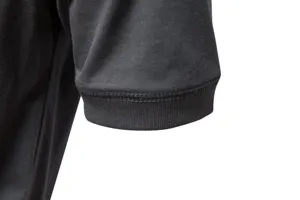 Detailed close-up view of dark grey men's short sleeve t-shirt sleeve cuff with ribbed texture.