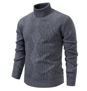 Close-up detail of mens dark grey turtleneck knit sweater with classic cable diamond pattern.