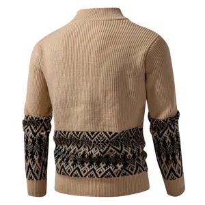 Back view detail of men stand collar knit sweater with ethnic pattern hem and sleeves.
