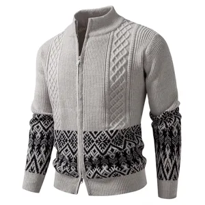 Men's cable knit cardigan sweater zip up stand collar ethnic pattern grey winter warm