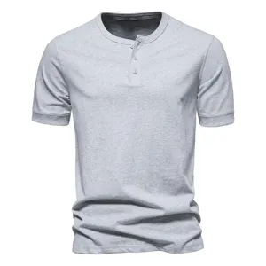 Men's grey short sleeve Henley t-shirt, casual solid color cotton knit top apparel detail view.