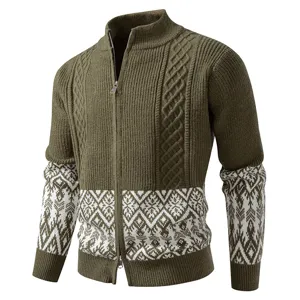 Detailed view of men vintage cable knit stand collar full zip cardigan sweater in olive green.