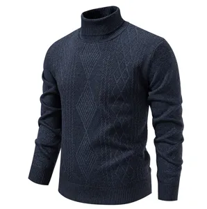 Men's dark blue turtleneck sweater featuring a classic cable knit diamond pattern design.