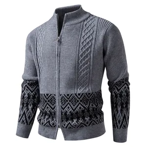 Men's gray knit cardigan sweater with full zip stand collar cable knit ethnic patterns