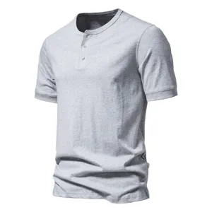 Grey short sleeve henley t-shirt detail showing button placket and ribbed collar.