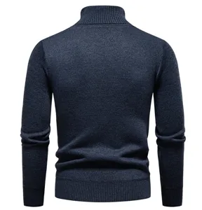 Men's dark blue turtleneck knitted sweater, classic thick winter casual pullover sweater.