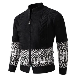 Close-up of men's knit cardigan with stand collar, zip up, and geometric cable knit details.