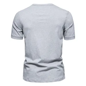 Men's solid grey short sleeve basic t-shirt back view, comfortable casual summer daily wear.