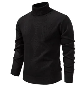 Men's black turtleneck sweater detail, stylish diamond knit texture and warm fabric design.