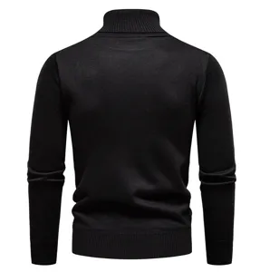 Detailed back view of a classic black men's turtleneck sweater, thick knit texture.