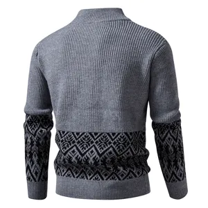 Men's retro ethnic knit cardigan back view, stylish stand collar geometric patchwork.