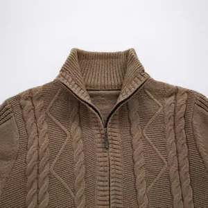 Pull-over homme décontracté demi-zip en tricot torsadé marron col montant hiver.