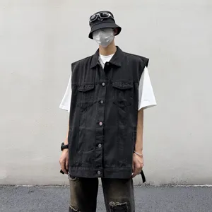 Herren schwarze Denim Weste ärmellose lässige Streetwear Jacke Frühling lose Arbeitskleidung