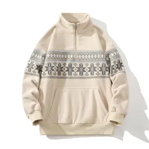 Men's half-zip fleece sweatshirt with Nordic snowflake pattern, cozy winter casual outerwear.