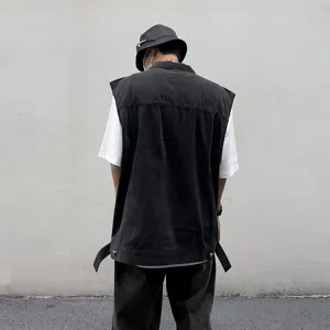 Herren schwarze Waschung Jeans Weste, lose ärmellose Cargo Jacke Streetwear Detail.