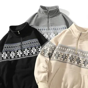 Men's ethnic fleece half-zip sweatshirt, Nordic snowflake print loose casual jacket apparel.