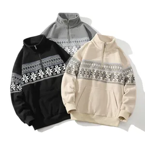 Men half-zip fleece sweatshirt winter casual pullover ethnic snowflake print top warm jacket