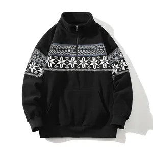 Men's winter fleece quarter-zip sweatshirt with Nordic snowflake print casual outdoor top
