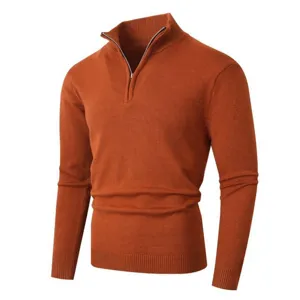 Suéter Casual de Hombre con Cremallera y Cuello Alto de Manga Larga en Color Naranja Óxido