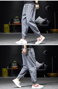 Men's grey casual joggers harem pants loose fit breathable trousers for detail view