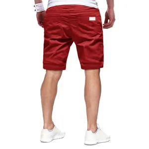 Men's casual red shorts back detail view, comfortable fit fashion summer streetwear apparel.