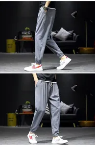 Men casual grey linen harem pants ankle length drawstring elastic cuff detail fashion wear.