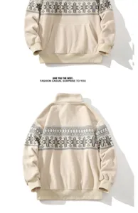 Men's winter fleece sweatshirt with Nordic snowflake print, casual warm pullover jacket.