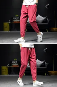 Men's casual linen harem cropped pants, loose fit spring jogger trousers with drawstring.