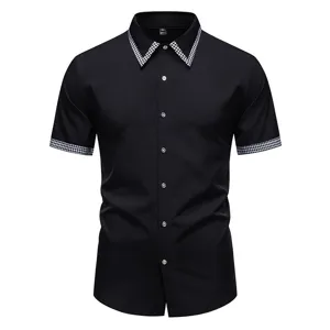 Camicia uomo manica corta casual nera colletto motivo pied de poule bottoni estate top