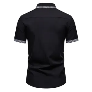 Camicia uomo maniche corte nera con colletto polsini pied de poule estate casual top.