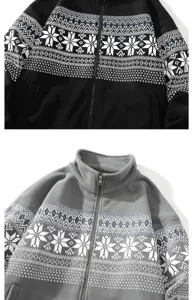 Close-up view of men's winter fleece zip-up jacket featuring Nordic snowflake knit pattern.