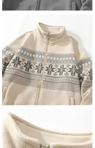 Men's fleece zip-up jacket detail, cozy winter ethnic snowflake pattern stand collar outerwear.