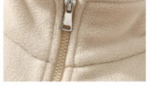 Close-up detail view of the men fleece jacket collar and zipper with soft fabric.