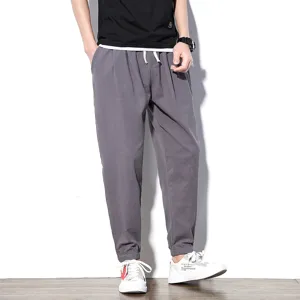 Men's Casual Linen Harem Pants Loose Korean Version Joggers Solid Color 9-Point Drawstring Cuffed Trousers For Youth