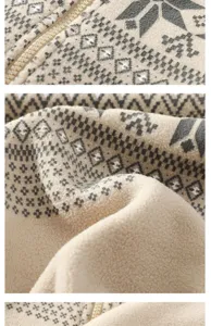 Detail view of men's fleece jacket with ethnic geometric print and zipper, cozy fabric texture.