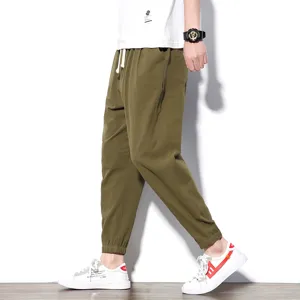 Mens Casual Harem Pants Loose Fit Joggers Linen Trousers Olive Green Elastic Ankle 9/10