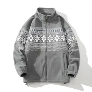 Men Ethnic Style Polar Fleece Printed Sweatshirt Hoodie Loose Casual Stand Collar Jacket Zip Up Autumn Winter Top