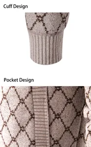 Détail cardigan en tricot pour homme, motif losange élégant, poignets et poche côtelés.