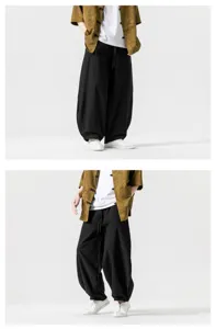 Vista dettagliata di pantaloni larghi stile cinese da uomo e abbigliamento yoga, tessuto traspirante.