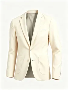 Details of the stylish beige men's slim-fit casual suit jacket, featuring a classic lapel.